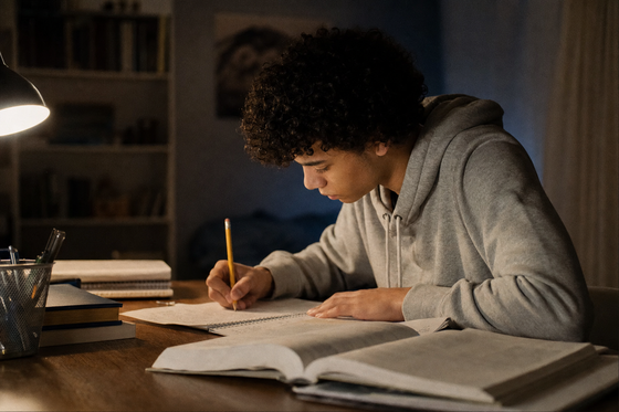 A high school student studying late at night by lamplight