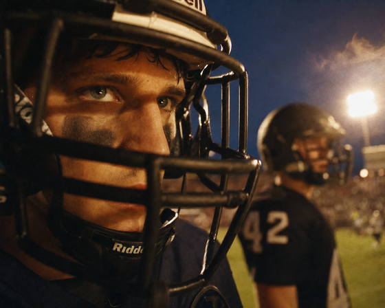 High school football players on a Friday night under stadium lights