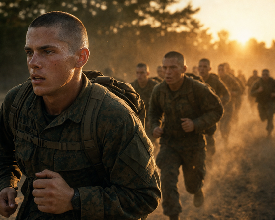 Military basic training recruits running in formation at dawn