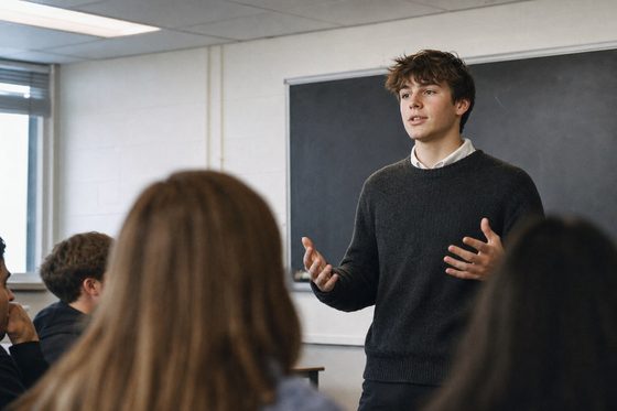 High school student speaking confidently in front of classmates