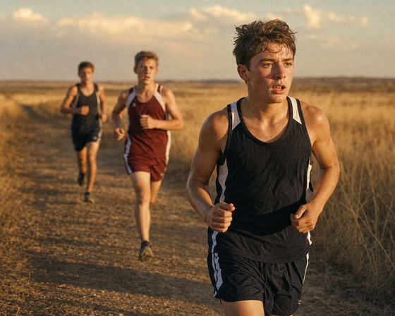 High school cross-country runners on an Oklahoma dirt path at golden hour