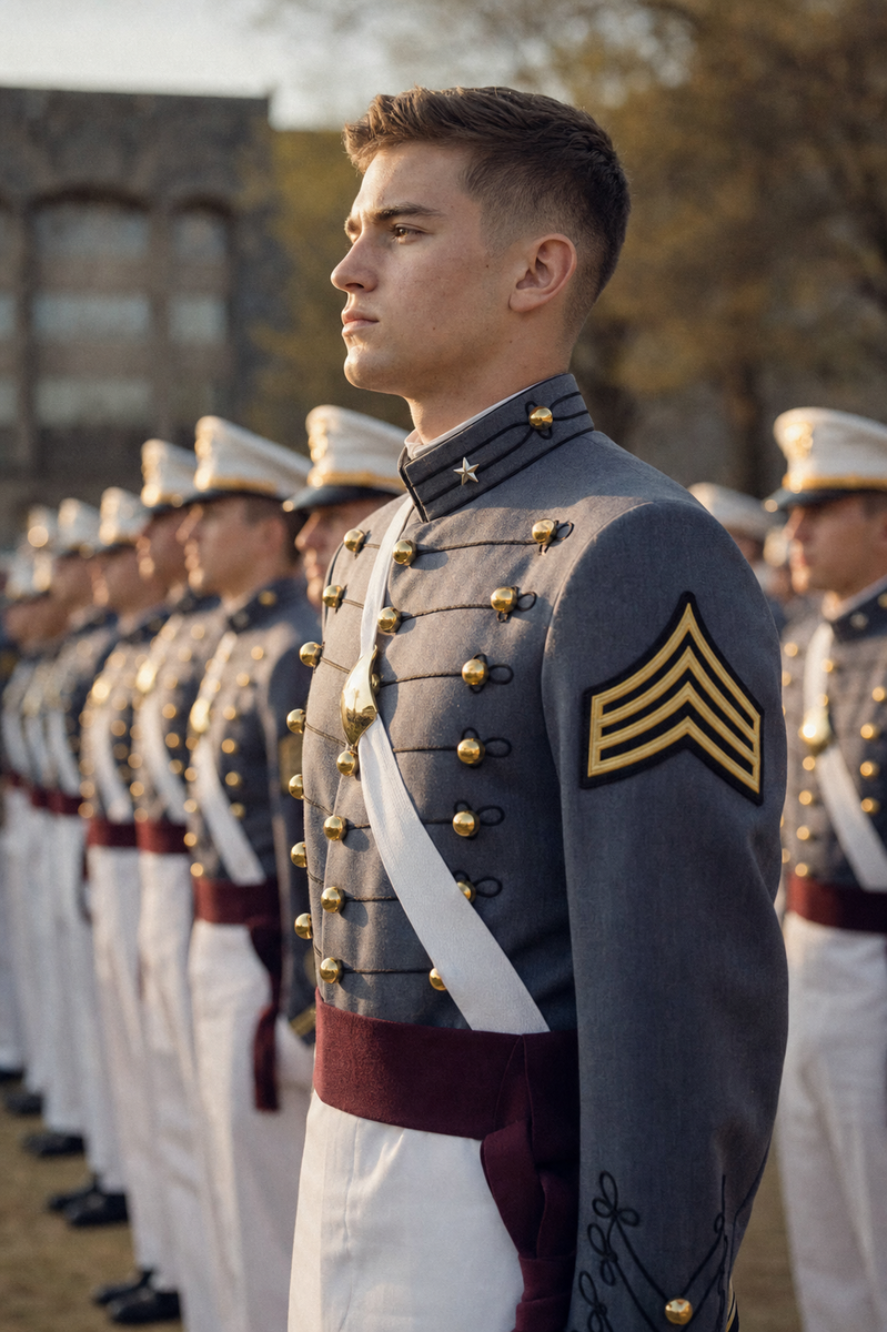 A young cadet standing at attention in dress gray with formation behind
