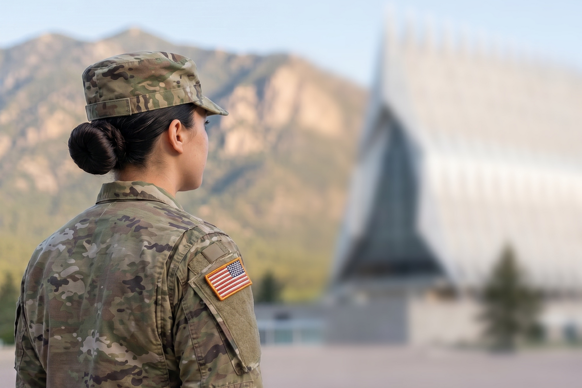 A U.S. Air Force Academy cadet in Service Dress, USAFA Cadet Chapel in the distance — the standard FORGE prepares students to compete for